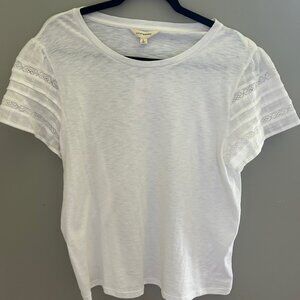 Lucky Brand White Tee - Flutter Sleeves w/ Lace Inlay Detail - Size L - NWT